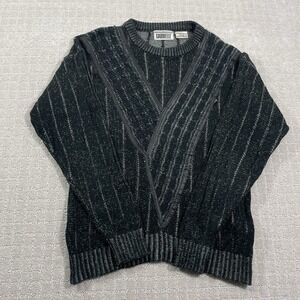 VTG‎ 80s Gabrielle Black & Gray Acrylic Leather Sz Large Geometric Knit Sweater